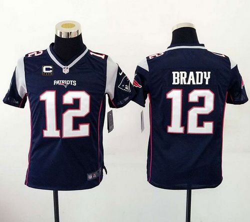 Nike Patriots #12 Tom Brady Navy Blue Team Color With C Patch Youth Stitched NFL New Elite Jersey - Click Image to Close